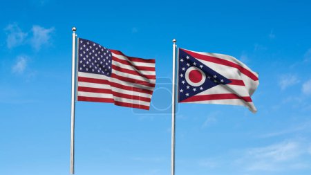 Ohio y American Flag juntos. Alta bandera ondeante detallada de Ohio y Estados Unidos. Bandera del estado de Ohio. Estados Unidos. Ilustración 3D.