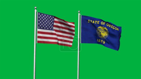 Oregon and American Flag together. High detailed waving flag of Oregon and USA. Oregon state flag. USA. 3D Render. 3D Illustration.