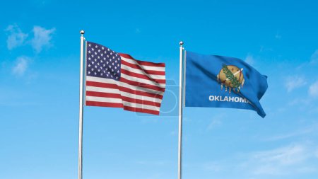 Oklahoma and American Flag together. High detailed waving flag of Oklahoma and USA. Oklahoma state flag. USA. 3D Illustration.