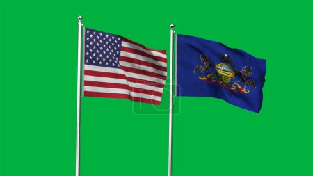 Pennsylvania y American Flag juntos. Alta bandera ondeante detallada de Pennsylvania y Estados Unidos. Bandera del estado de Pennsylvania. Estados Unidos. Ilustración 3D.