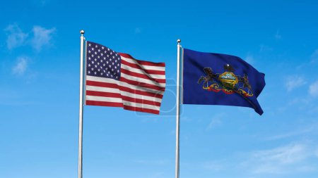 Pennsylvania and American Flag together. High detailed waving flag of Pennsylvania and USA. Pennsylvania state flag. USA. 3D Illustration.