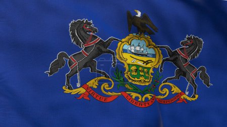 Alta bandera detallada de Pennsylvania. Bandera estatal de Pensilvania, bandera nacional de Pensilvania. Bandera del estado de Pennsylvania. Estados Unidos. América. Ilustración 3D