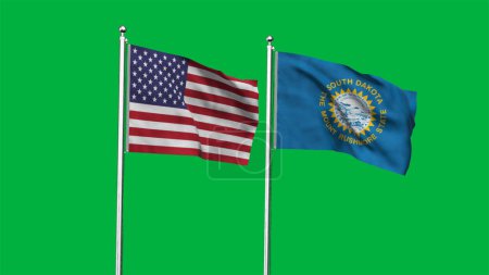 South Dakota and American Flag together. High detailed waving flag of South Dakota and USA. South Dakota state flag. USA. 3D Illustration.