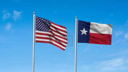 Texas und amerikanische Flagge zusammen. Hoch detaillierte Fahnenschwenken von Texas und den USA. Flagge des Bundesstaates Texas. USA. 3D-Illustration.
