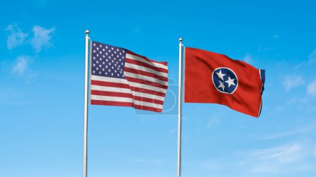 Tennessee and American Flag together. High detailed waving flag of Tennessee and USA. Tennessee state flag. USA. 3D Illustration.