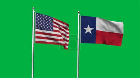 Texas y American Flag juntos. Alta bandera ondeante detallada de Texas y Estados Unidos. Bandera estatal de Texas. Estados Unidos. Ilustración 3D.
