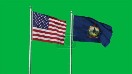 Vermont and American Flag together. High detailed waving flag of Vermont and USA. Vermont state flag. USA. 3D Illustration.