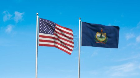 Vermont and American Flag together. High detailed waving flag of Vermont and USA. Vermont state flag. USA. 3D Illustration.