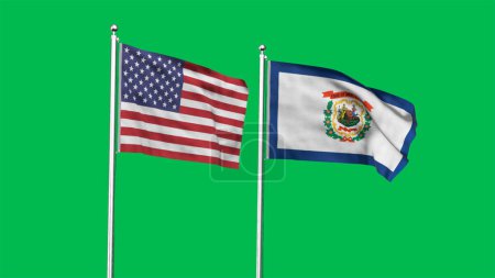 West Virginia and American Flag together. High detailed waving flag of West Virginia and USA. West Virginia state flag. USA. 3D Render.