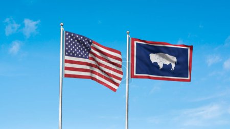Wyoming and American Flag together. High detailed waving flag of Wyoming and USA. Wyoming state flag. USA. 3D render.