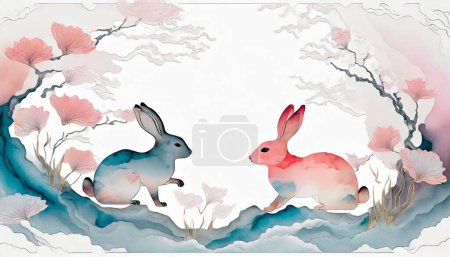 Illustration for 2024 Chinese New Year Banner. Year of the Rabbit Template Design with Adornments of Rabbits and Flowers on a Background. - Royalty Free Image