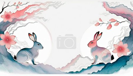 Illustration for 2024 Chinese New Year Banner. Year of the Rabbit Template Design with Adornments of Rabbits and Flowers on a Background. - Royalty Free Image