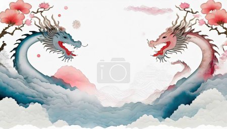 Téléchargez les illustrations : 2024 Nouvel An chinois Modèle de bannière Année du Dragon Design mettant en vedette des dragons, des nuages et des fleurs en arrière-plan. - en licence libre de droit