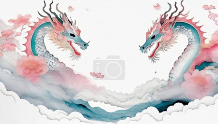 Ilustración de 2024 Año Nuevo Chino Año de la Plantilla del Dragón Diseño con Dragones, Nubes y Flores en el Fondo. - Imagen libre de derechos