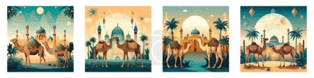 Téléchargez les illustrations : Ensemble de l'Aïd Al Adha festival Moubarak accueillant chameau avec des palmiers verts et une mosquée en arrière-plan. - en licence libre de droit