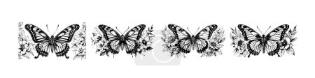 Illustration for Monarch butterfly with flower silhouettes collection vector illustration isolated on white background. - Royalty Free Image