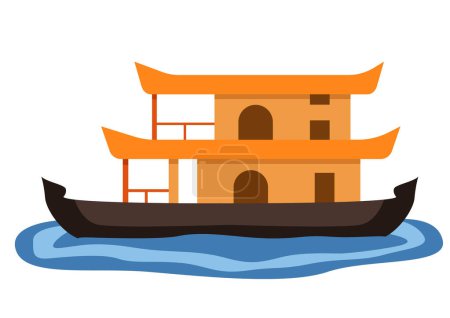 Téléchargez les illustrations : Illustration vectorielle de la maison Kerala Bateau flottant dans l'eau - en licence libre de droit