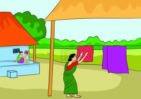 Ilustración de Ilustración vectorial de mujer india en saree secando ropa. Pueblo indio vista - Imagen libre de derechos