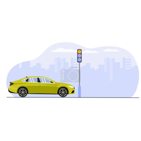Illustration for Green sedan car on city red light background illustration - Royalty Free Image