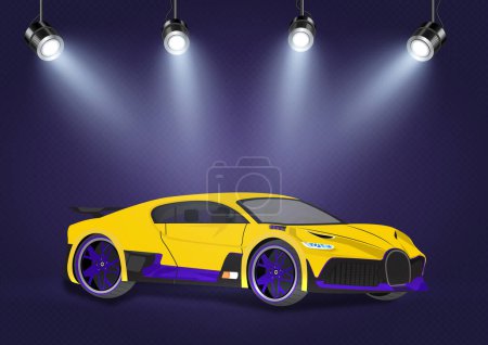 Ilustración de Coche deportivo amarillo aislado sobre fondo púrpura - Imagen libre de derechos