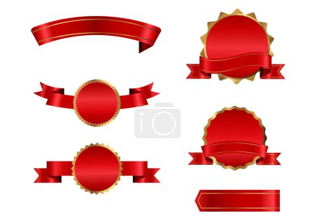 Téléchargez les illustrations : Ensemble vectoriel de rubans rouges et étiquettes décorées d'éléments dorés - en licence libre de droit
