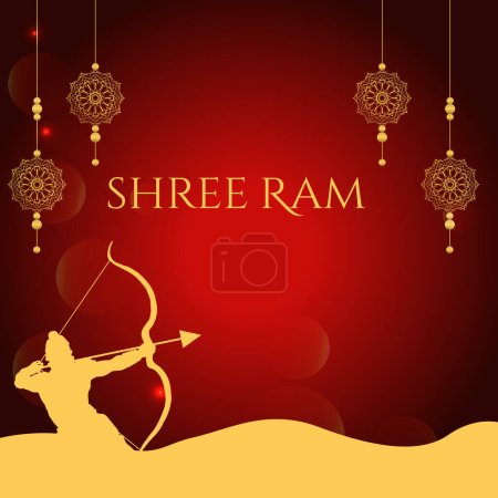 Ilustración de Ilustración vectorial del Señor Rama usando arco y flecha, dios indio de hindú sobre fondo rojo - Imagen libre de derechos