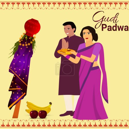 Téléchargez les illustrations : Happy Gudi Padwa Maharashtra Nouvel An Festival Illustration vectorielle - en licence libre de droit
