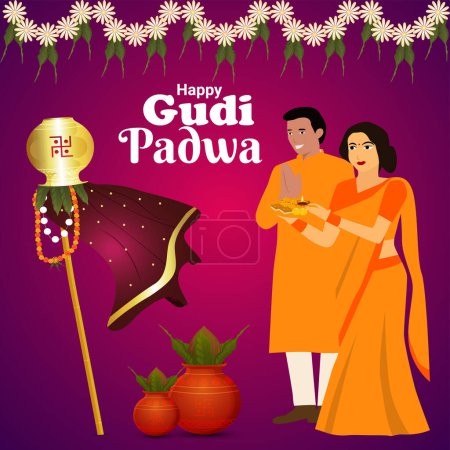Téléchargez les illustrations : Happy Gudi Padwa Maharashtra Nouvel An Festival Illustration vectorielle - en licence libre de droit
