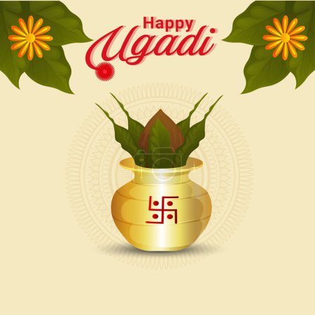 Téléchargez les illustrations : Images de conception vectorielle Ugadi heureux, souhaits heureux Ugadi avec Kalash décoré, Ugadi, Gudipadwa, Kalash - en licence libre de droit