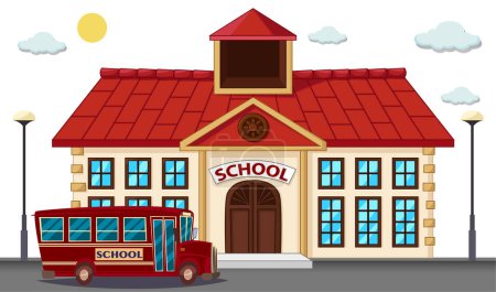 School building and school bus outdoor vector illustration