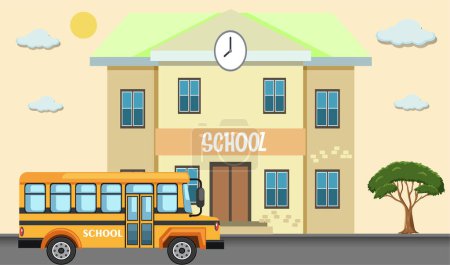  Back To School, Modern Building and Bus in the Front Yard vector illustration