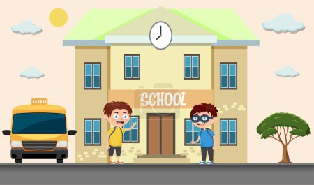 Happy school children standing in front of school building