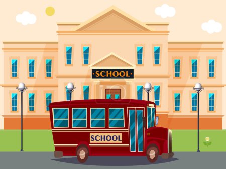 School building and school bus outdoor vector illustration