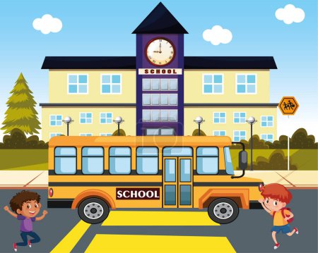  School Building with Yellow School Bus Outside