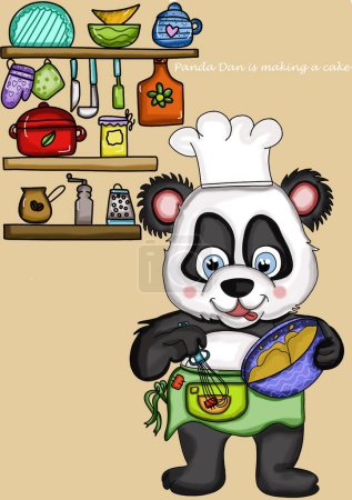 Téléchargez les illustrations : La cuisinière à panda fait des gâteaux. Il y a beaucoup d'ustensiles de cuisine sur les étagères derrière lui : casseroles, bols, assiettes, moulin à café, etc. le panda tient un mélangeur et va faire des choses douces - en licence libre de droit