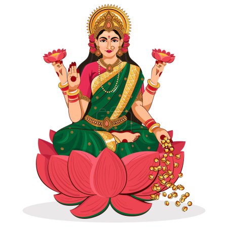 Illustration for Illustration of Hindu Goddess Lakshami for Dussehra, Diwali, and Navratri Festivals on a white background. - Royalty Free Image