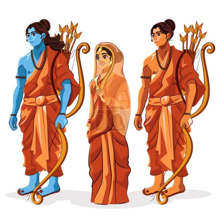 Illustration of Lord Rama, Lakshmana, and Goddess Sita for Dussehra, Diwali, and Navratri Festivals on a white background.