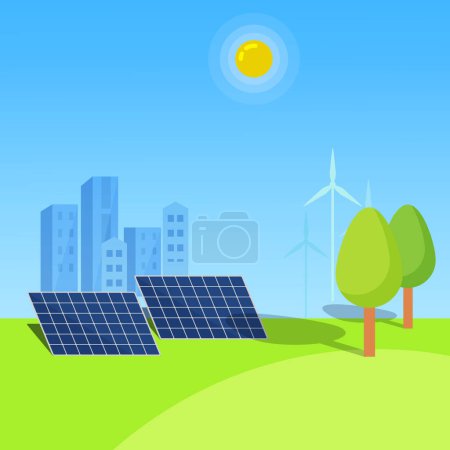 Flat vector Illustration of Solar panels, wind turbines.