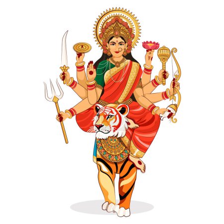 Illustration of Hindu Goddess Durga for Dussehra, Diwali, and Navratri Festivals on a white background.