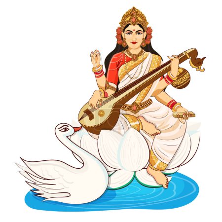 Illustration der hinduistischen Göttin Saraswati zum Vasant Panchami Festival auf weißem Hintergrund.