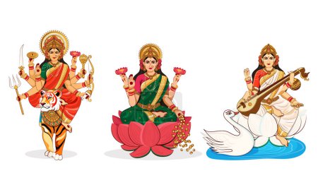 Ilustración de las diosas hindúes Saraswati, Durga y Lakshmi para los festivales Dussehra, Diwali y Navratri sobre un fondo blanco.
