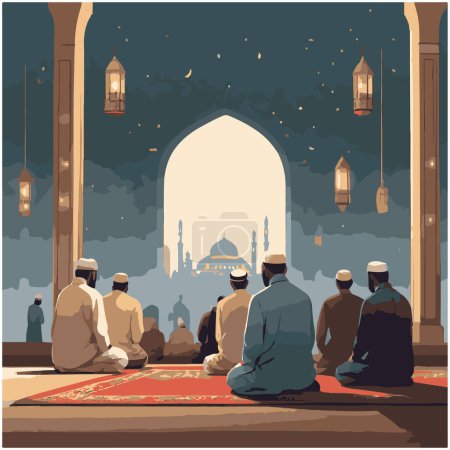 Muslim people praying in front of the mosque at night, vector illustration. Ramadhan Kareem.