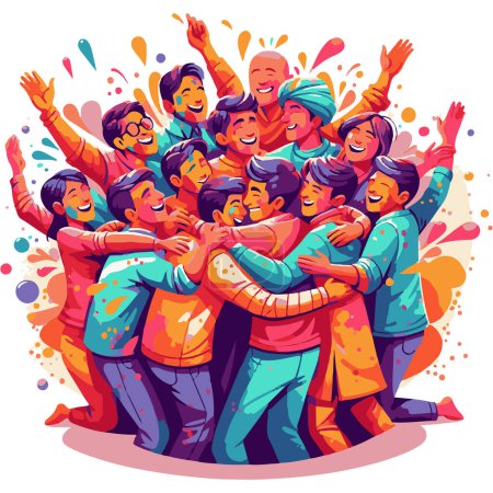 Téléchargez les illustrations : Une image qui reflète l'esprit de la musique et de la danse dans la célébration de Holi, avec des gens qui se réunissent pour chanter, danser et célébrer dans l'unité. Illustration vectorielle et image plate. - en licence libre de droit