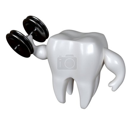 A white tooth with dumbbells on it