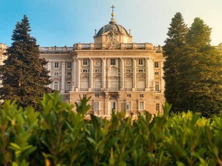 Garden of the Royal Palace of Madrid with a beautiful sunset
