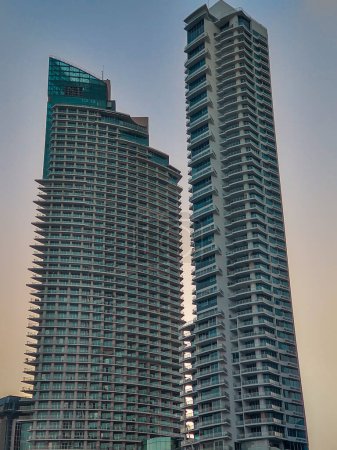 Two tall buildings at sunset in Panama City
