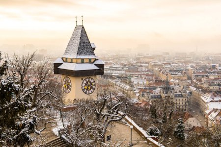 The Uhrturm at the Schlossberg hill, the landmark of the UNESCO heritage city of Graz in Austria