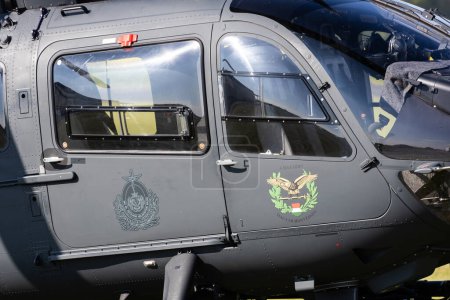 Photo for Fertzentmiklos, Hungary - April 30, 2023: Closeup of Airbus H145M military helicopter with emblems of Hungary Air Force on doors - Royalty Free Image