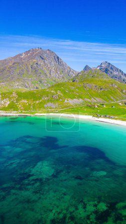 Aerial view of beautiful sandy beach at Lofoten Islands. Vik Beach in Haukland, Norway on a beautiful summer day
