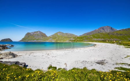 Die wunderschöne Vik-Strandbucht auf den Lofoten, Haukland in Norwegen. Unglaublich schöner Ort mit Sandstrand und wunderschöner Berglandschaft. Berühmter Touristenort im Sommer.